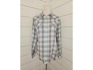 Wrangler XL blue purple & peach plaid pearl snap button up shirt. Lightweight!